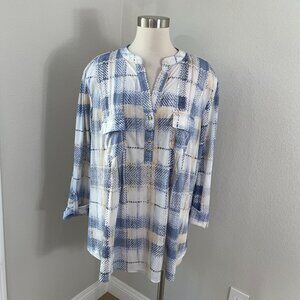 Cocomo Woman Plus 2X Plaid Tunic Top Roll Tab Sleeve Stretch Blouse Shirt